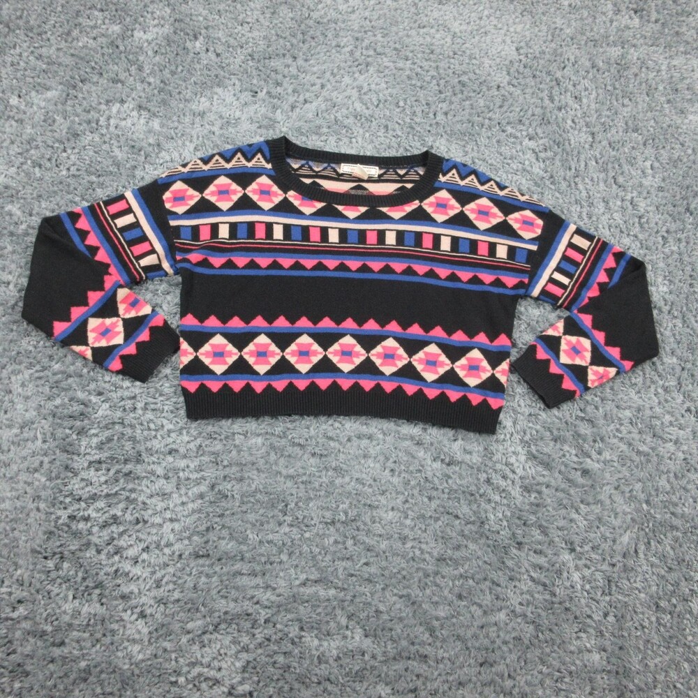 Flying Tomato Sweater Womens Large Black Pink Blue Aztec Crop Pullover Geometric